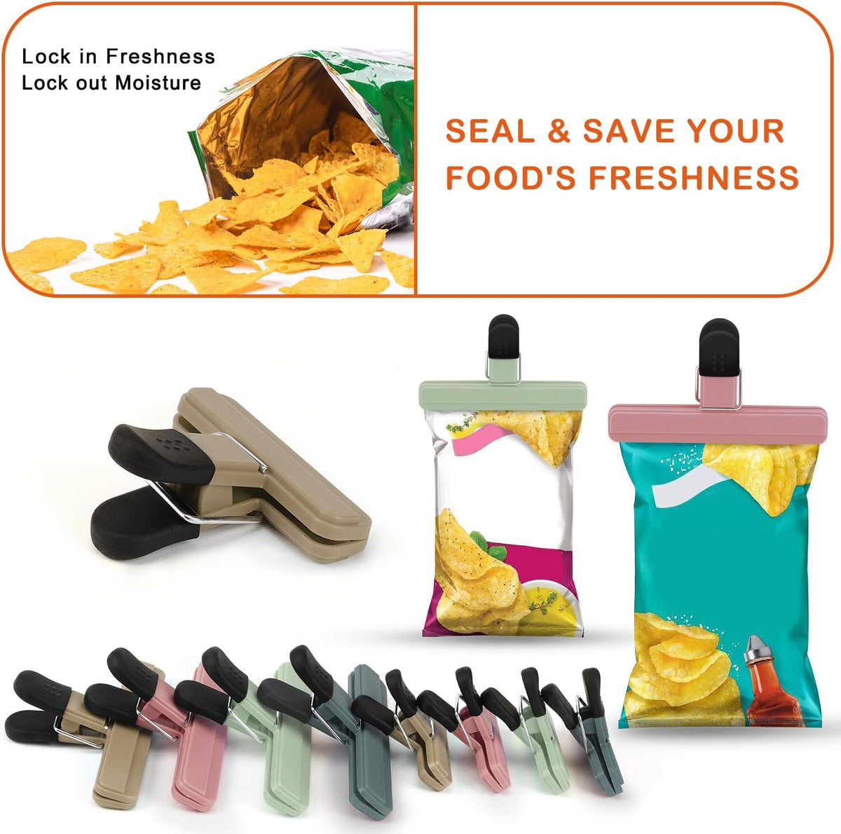 Chip Clips, 8 Pack Food Clips, Upgrade Wide Open Bag Clips for Food Storage with Air Tight Seal Grip (4 x L, 4 x S)