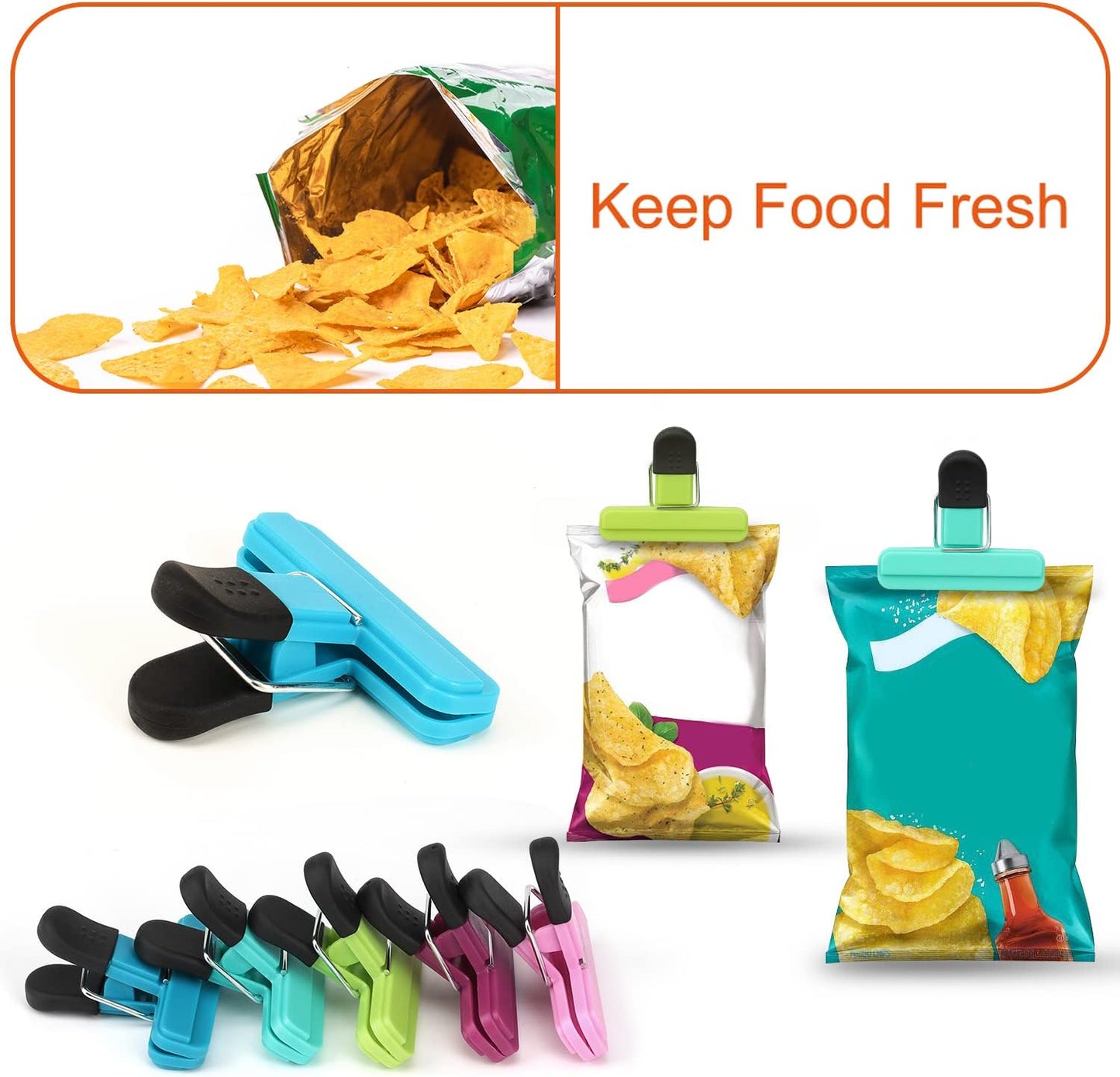 Chip Clips, 8 Pack Food Clips, Upgrade Wide Open Bag Clips for Food Storage with Air Tight Seal Grip (4 x L, 4 x S)