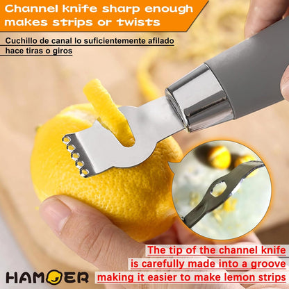 Lemon Lime Citrus Zester Channel knife 2-in-1 Tool Ergonomic Handle | Stainless steel blade,Rubber-plastic non-slip handle,Good grips,Electroplated decorative cover,For kitchen and bar