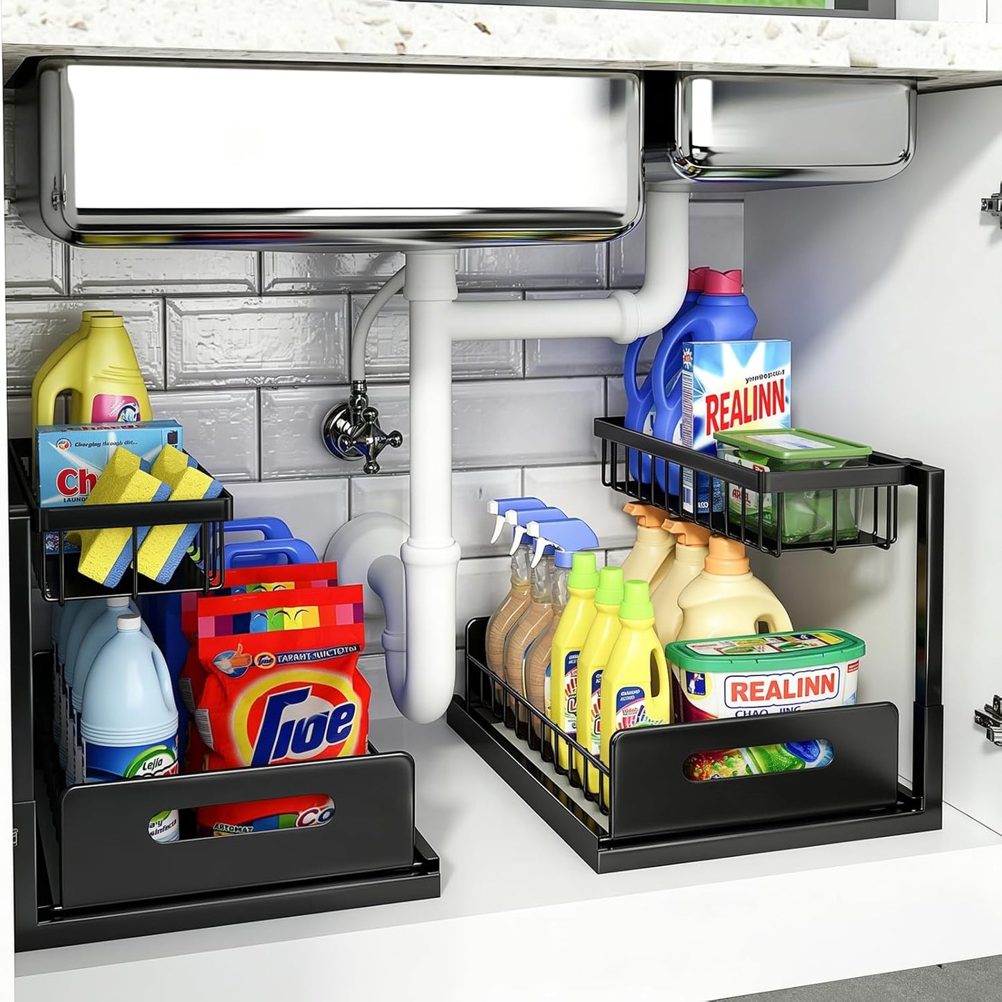 Under Sink Organizer, L-Shaped 2 Tier Pull Out Cabinet Organizer for Kitchen and Bathroom, Slide Out Under Cabinet Storage, Metal Under Sink Storage with Sliding Drawer, 50 lbs, Black 2 Pack