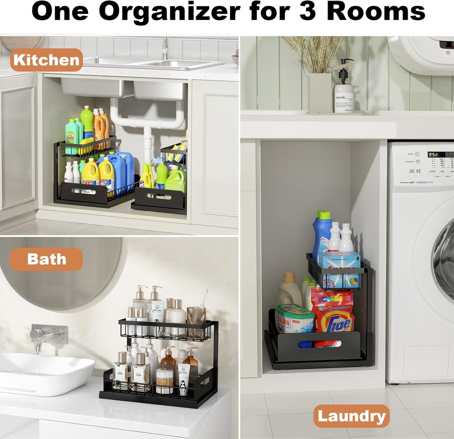 Under Sink Organizer, L-Shaped 2 Tier Pull Out Cabinet Organizer for Kitchen and Bathroom, Slide Out Under Cabinet Storage, Metal Under Sink Storage with Sliding Drawer, 50 lbs, Black 2 Pack