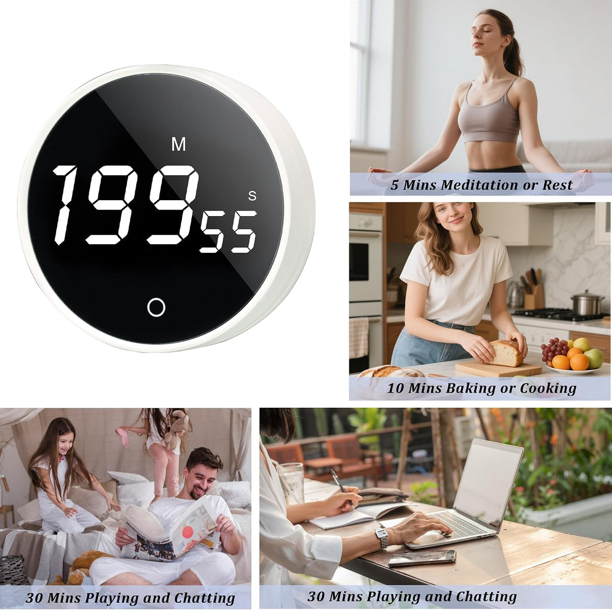 2Pcs Digital Kitchen Timer - Magnetic 199-Minute Countdown Countup Timer with Large LED Display,Volume Adjustable, Visual timers for Cooking,Gym,Meeting,Classroom,Study,Work,Outdoor Activities,Black