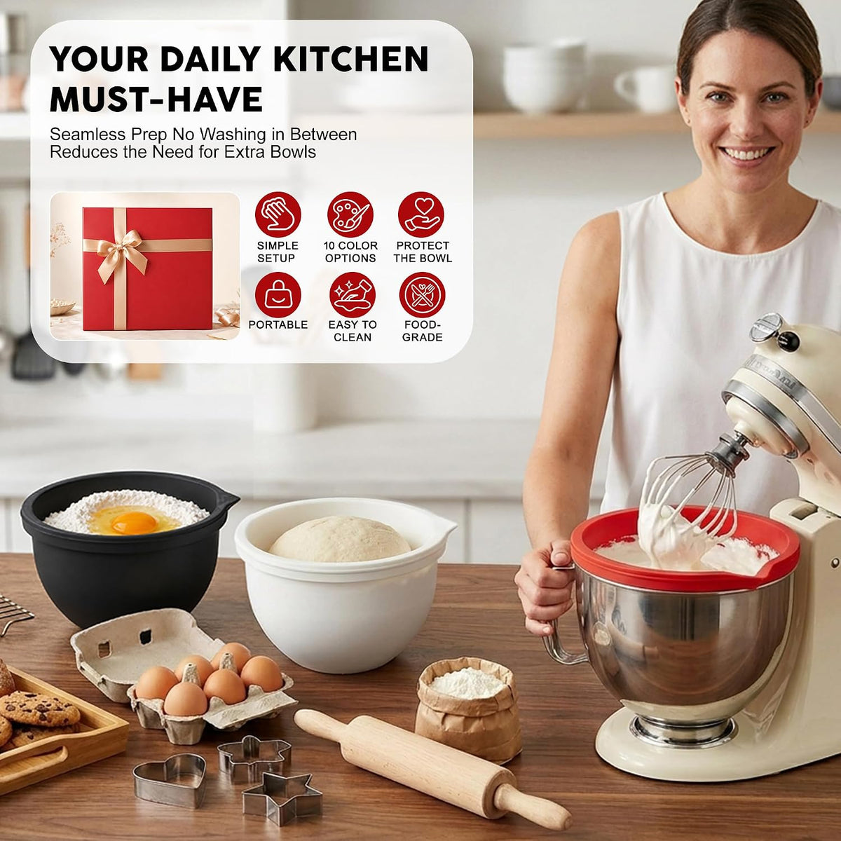 Food Grade Silicone Bowl Liner for 5 Qt KitchenAid Mixer with Lid, BPA-Free Odor-Free Easy Clean, White