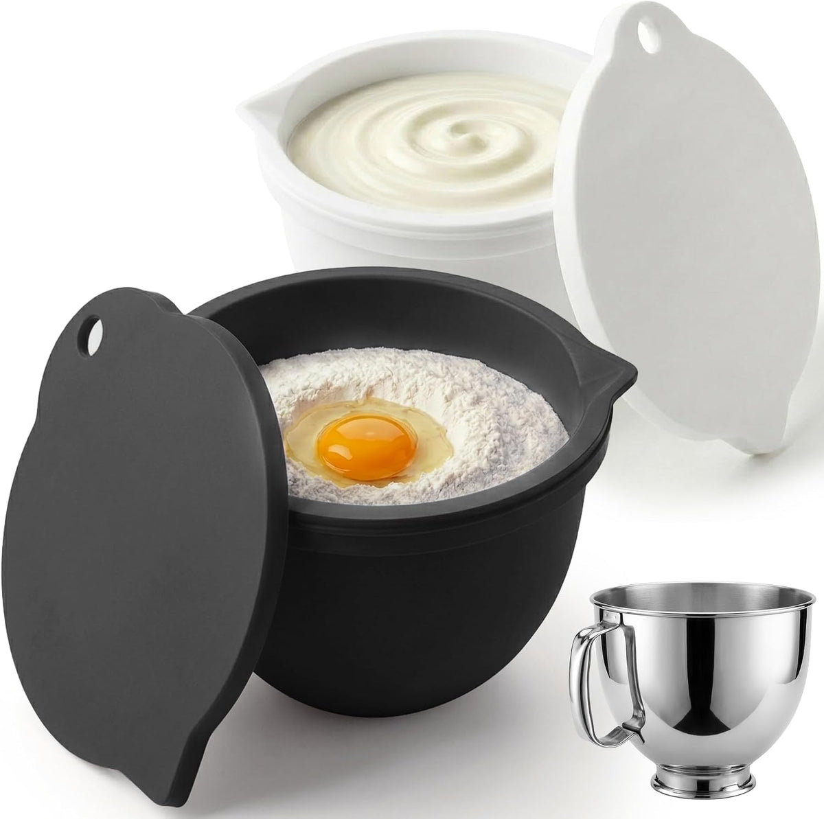Food Grade Silicone Bowl Liner for 5 Qt KitchenAid Mixer with Lid, BPA-Free Odor-Free Easy Clean, White