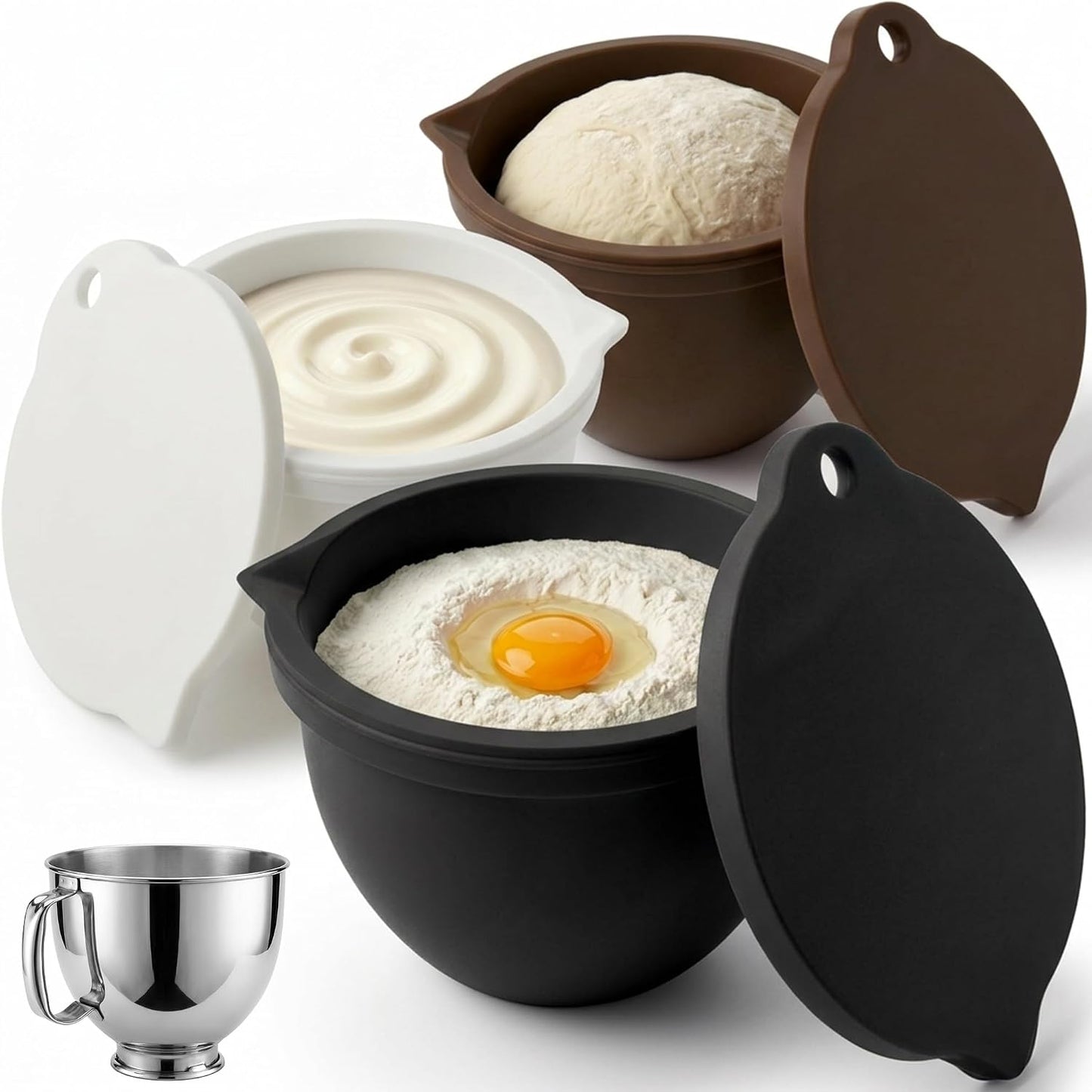 Food Grade Silicone Bowl Liner for 5 Qt KitchenAid Mixer with Lid, BPA-Free Odor-Free Easy Clean, White