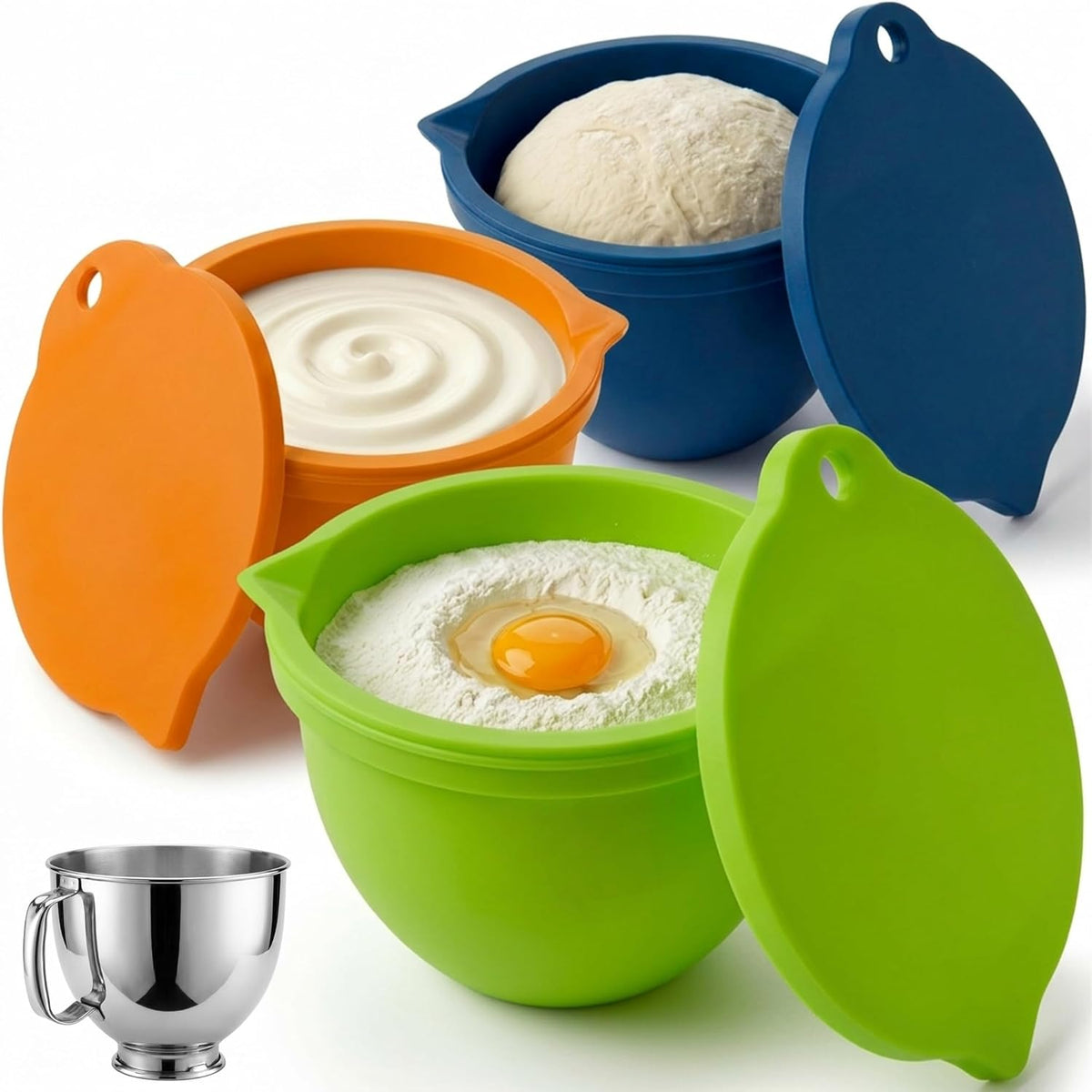 Food Grade Silicone Bowl Liner for 5 Qt KitchenAid Mixer with Lid, BPA-Free Odor-Free Easy Clean, White