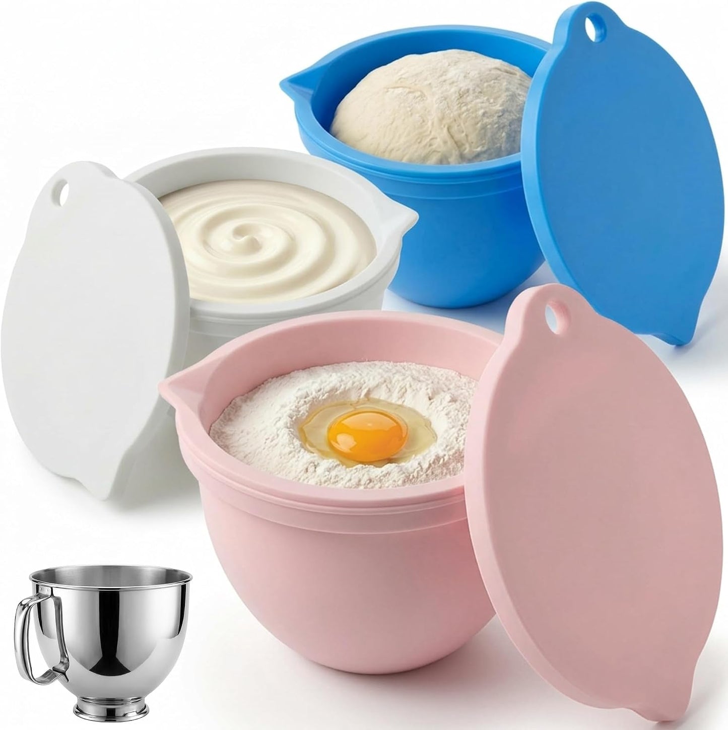 Food Grade Silicone Bowl Liner for 5 Qt KitchenAid Mixer with Lid, BPA-Free Odor-Free Easy Clean, White