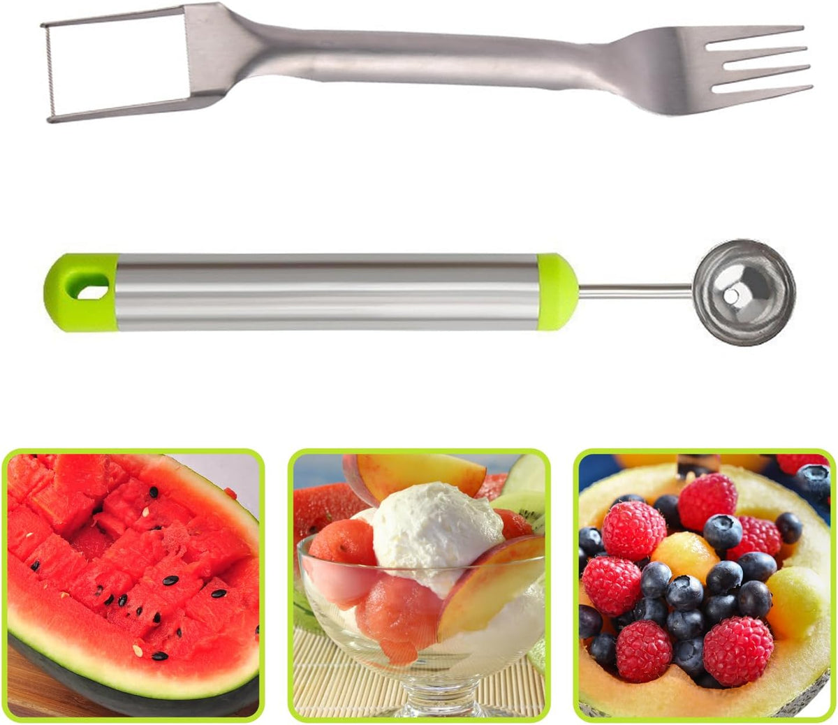 2-in-1 Stainless Steel Watermelon Fruit Cutter Slicer Tool and Melon Baller Scoop Fruit Ball Cutter Set, Dual Head Fork Knife Melon Cutter Cutting Tool.