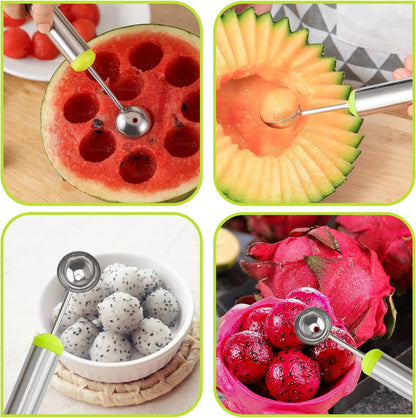 2-in-1 Stainless Steel Watermelon Fruit Cutter Slicer Tool and Melon Baller Scoop Fruit Ball Cutter Set, Dual Head Fork Knife Melon Cutter Cutting Tool.