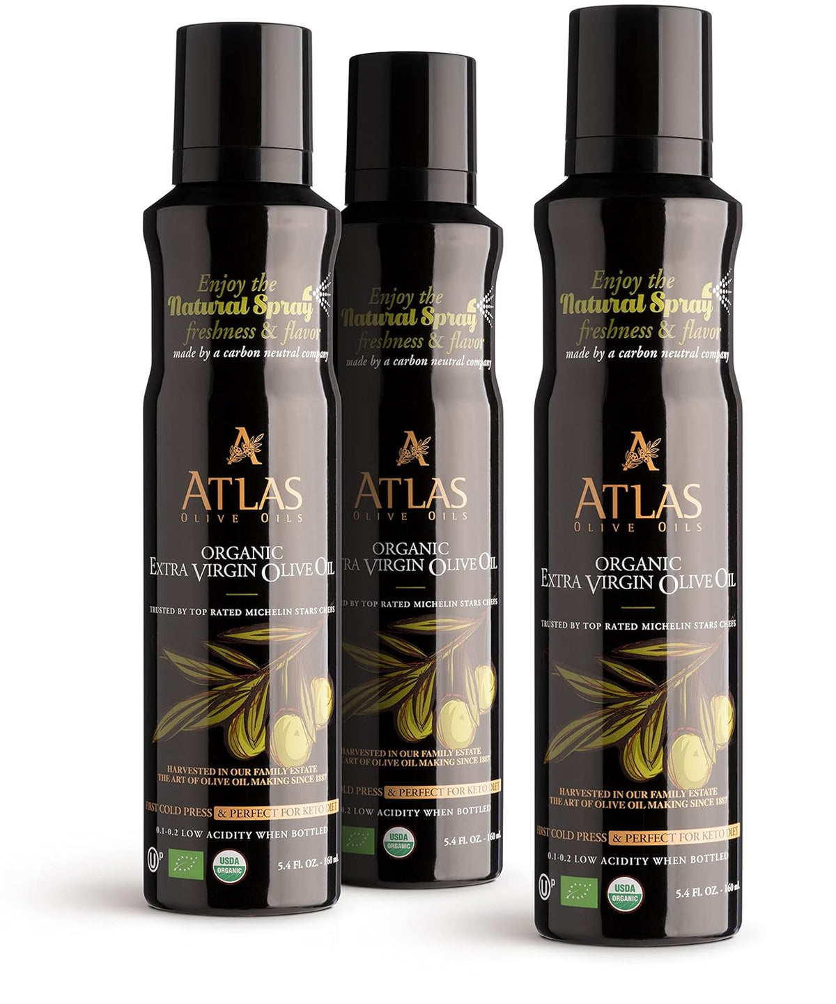 Atlas Organic Extra Virgin Olive Oil Cooking Spray, 5.4 fl oz, 3-Pack | Gourmet EVOO, Olive Oil Extra Virgin Dual Spray & Stream For Cooking, Baking & Nonstick Prep, Polyphenol-Rich, Keto-Friendly