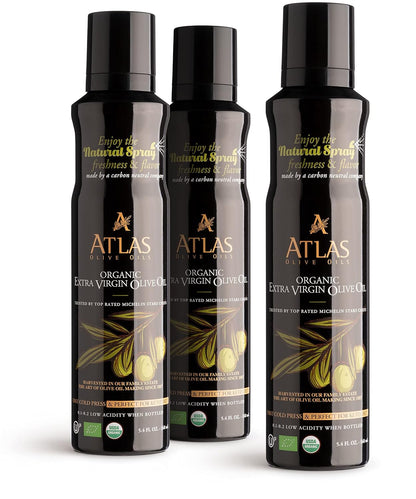 Atlas Organic Extra Virgin Olive Oil Cooking Spray, 5.4 fl oz, 3-Pack | Gourmet EVOO, Olive Oil Extra Virgin Dual Spray & Stream For Cooking, Baking & Nonstick Prep, Polyphenol-Rich, Keto-Friendly