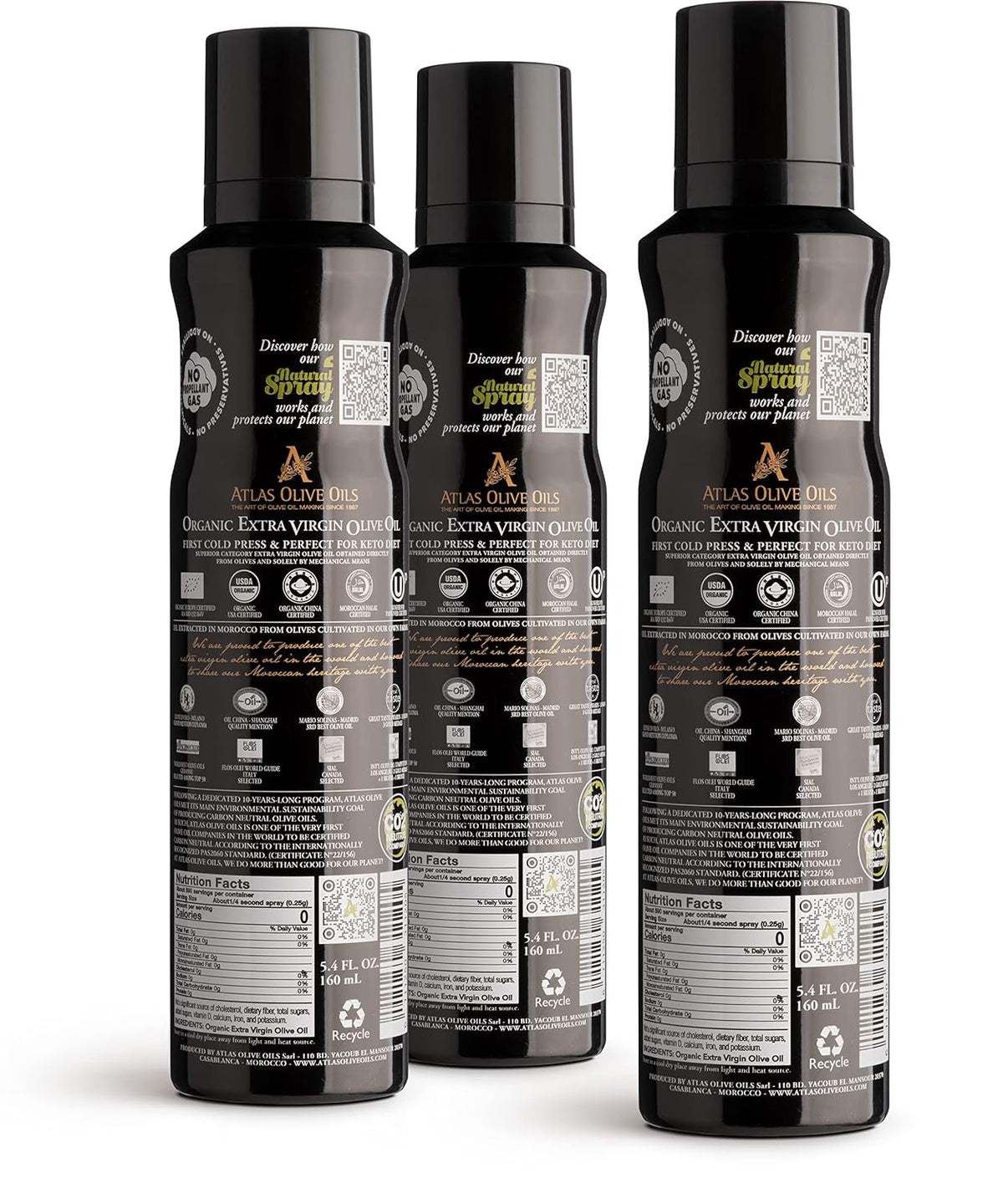 Atlas Organic Extra Virgin Olive Oil Cooking Spray, 5.4 fl oz, 3-Pack | Gourmet EVOO, Olive Oil Extra Virgin Dual Spray & Stream For Cooking, Baking & Nonstick Prep, Polyphenol-Rich, Keto-Friendly