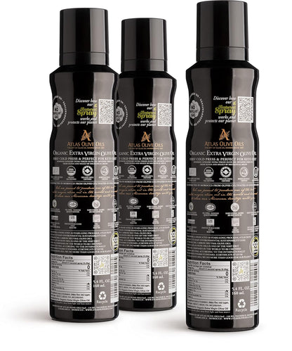 Atlas Organic Extra Virgin Olive Oil Cooking Spray, 5.4 fl oz, 3-Pack | Gourmet EVOO, Olive Oil Extra Virgin Dual Spray & Stream For Cooking, Baking & Nonstick Prep, Polyphenol-Rich, Keto-Friendly