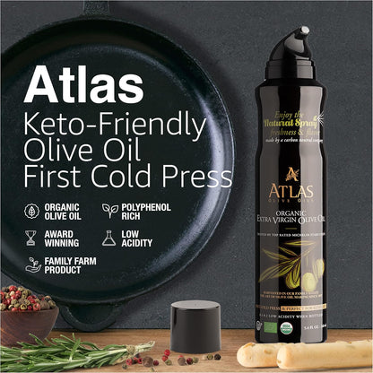 Atlas Organic Extra Virgin Olive Oil Cooking Spray, 5.4 fl oz, 3-Pack | Gourmet EVOO, Olive Oil Extra Virgin Dual Spray & Stream For Cooking, Baking & Nonstick Prep, Polyphenol-Rich, Keto-Friendly