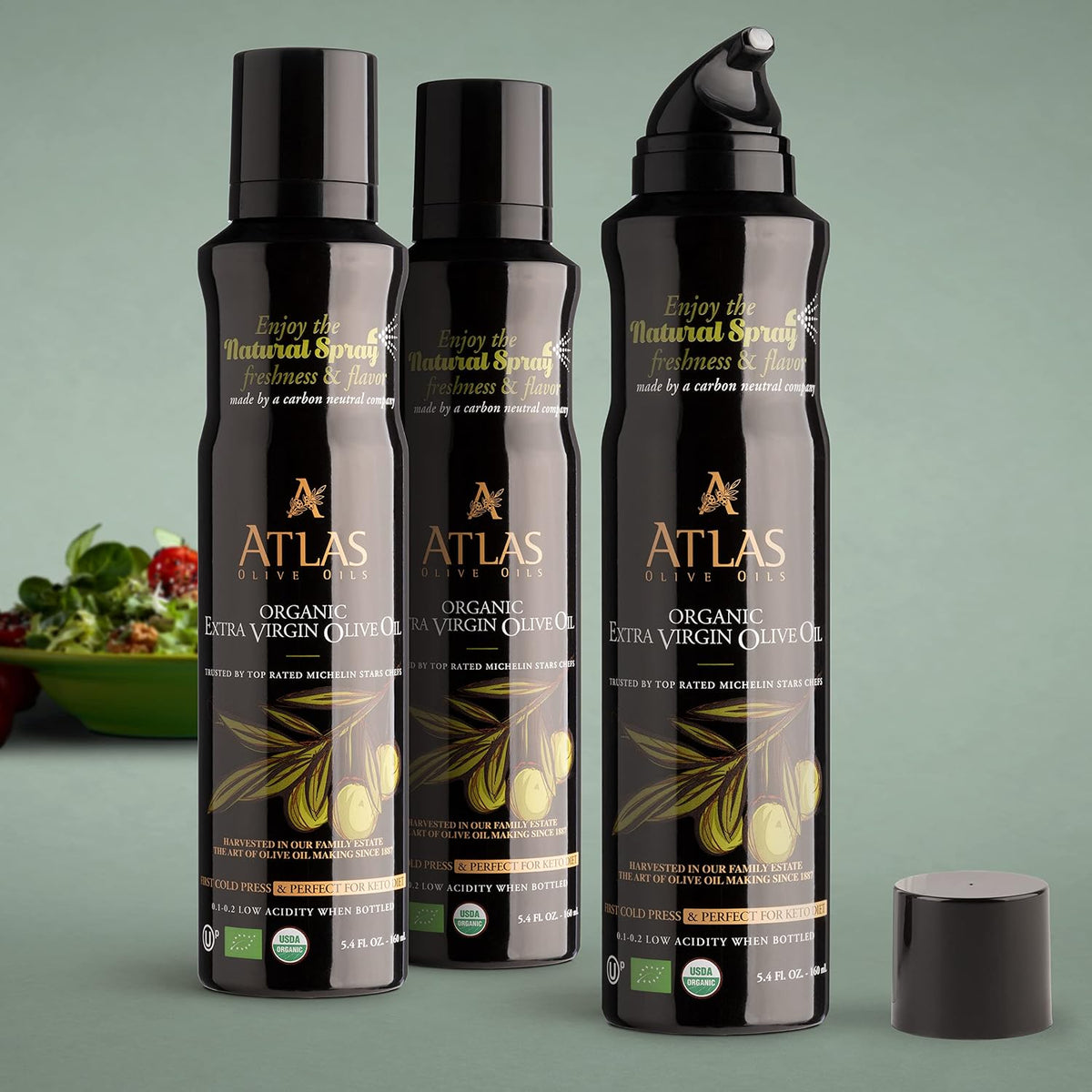 Atlas Organic Extra Virgin Olive Oil Cooking Spray, 5.4 fl oz, 3-Pack | Gourmet EVOO, Olive Oil Extra Virgin Dual Spray & Stream For Cooking, Baking & Nonstick Prep, Polyphenol-Rich, Keto-Friendly