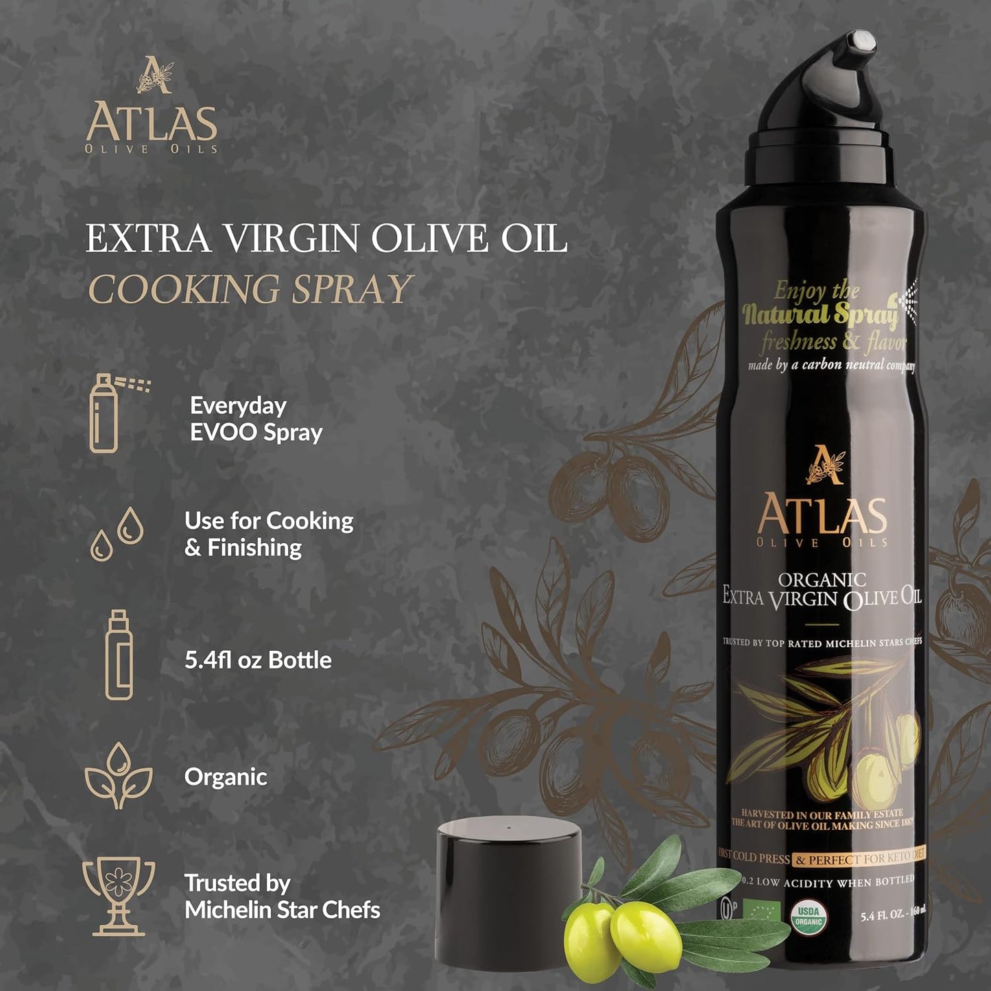 Atlas Organic Extra Virgin Olive Oil Cooking Spray, 5.4 fl oz, 3-Pack | Gourmet EVOO, Olive Oil Extra Virgin Dual Spray & Stream For Cooking, Baking & Nonstick Prep, Polyphenol-Rich, Keto-Friendly