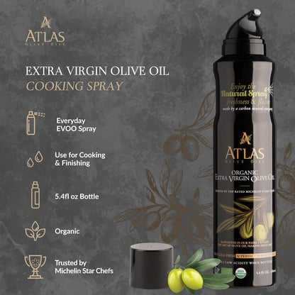 Atlas Organic Extra Virgin Olive Oil Cooking Spray, 5.4 fl oz, 3-Pack | Gourmet EVOO, Olive Oil Extra Virgin Dual Spray & Stream For Cooking, Baking & Nonstick Prep, Polyphenol-Rich, Keto-Friendly