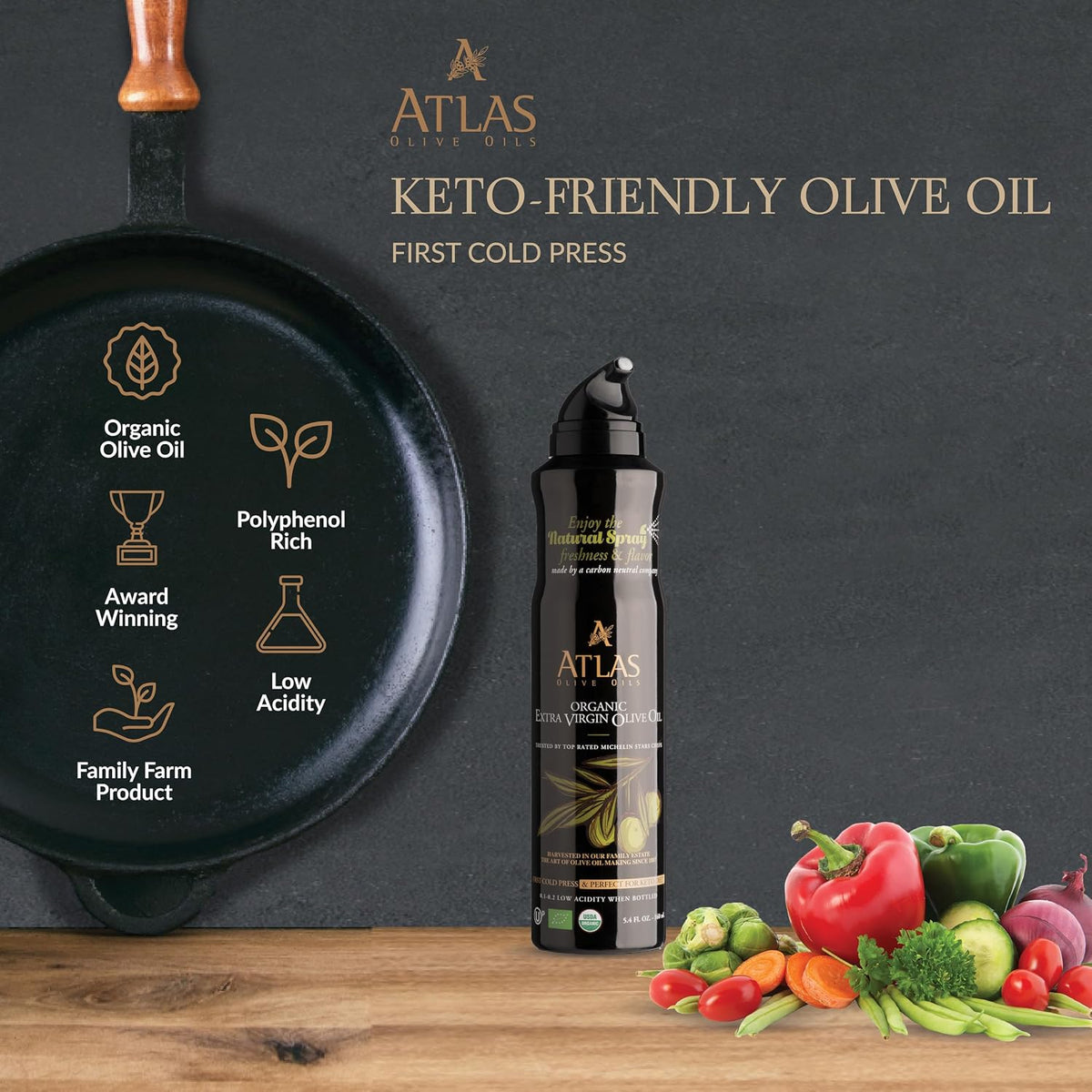 Atlas Organic Extra Virgin Olive Oil Cooking Spray, 5.4 fl oz, 3-Pack | Gourmet EVOO, Olive Oil Extra Virgin Dual Spray & Stream For Cooking, Baking & Nonstick Prep, Polyphenol-Rich, Keto-Friendly