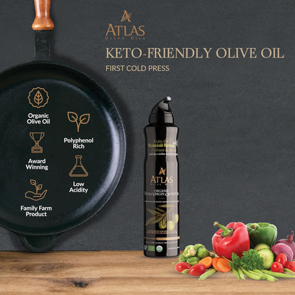 Atlas Organic Extra Virgin Olive Oil Cooking Spray, 5.4 fl oz, 3-Pack | Gourmet EVOO, Olive Oil Extra Virgin Dual Spray & Stream For Cooking, Baking & Nonstick Prep, Polyphenol-Rich, Keto-Friendly