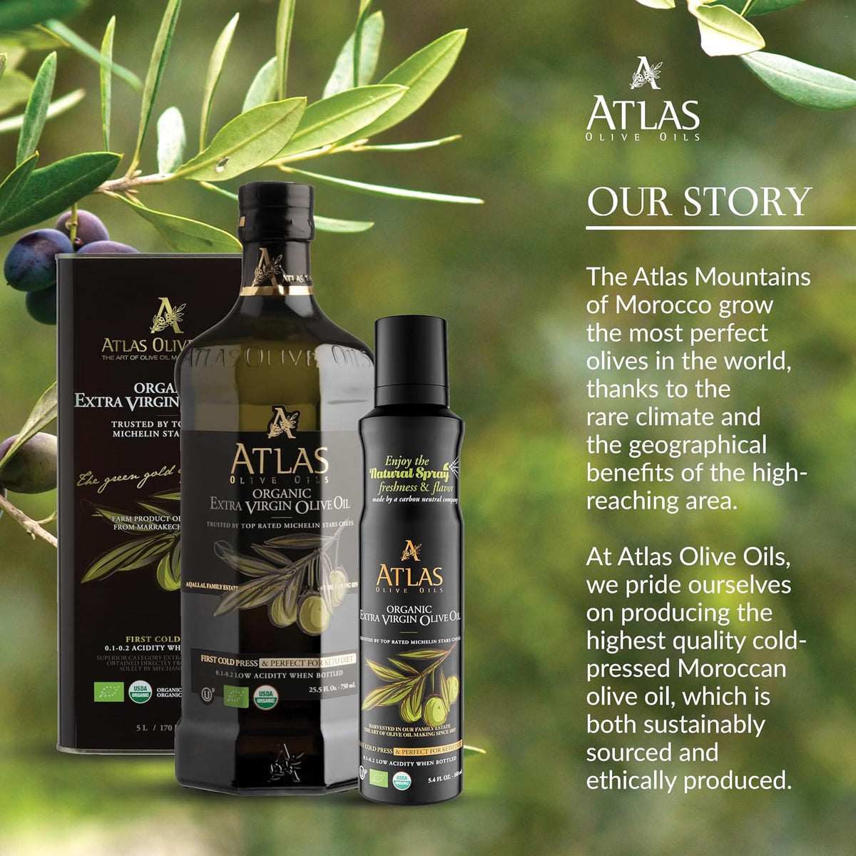 Atlas Organic Extra Virgin Olive Oil Cooking Spray, 5.4 fl oz, 3-Pack | Gourmet EVOO, Olive Oil Extra Virgin Dual Spray & Stream For Cooking, Baking & Nonstick Prep, Polyphenol-Rich, Keto-Friendly