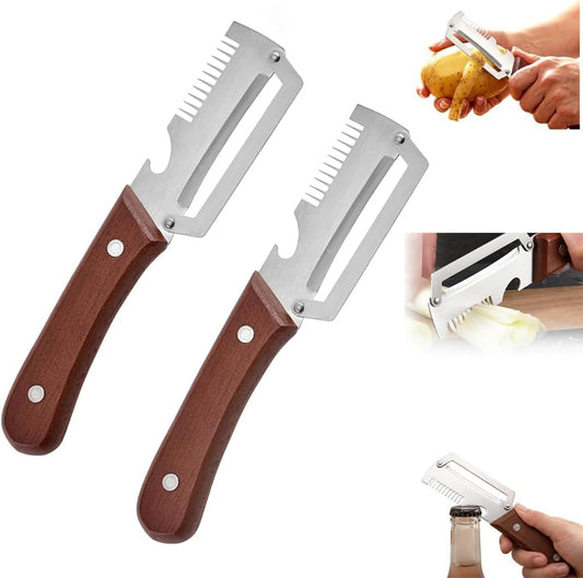 Premium Vegetable Peeler with Wooden Handle and Bottle Opener,Multi-Functional Vegetable Peeler for Kitchen, 3-In-1 Stainless Steel Kitchen Tool, for Fruit Veggie, Includes Bottle Opener (2PCS)