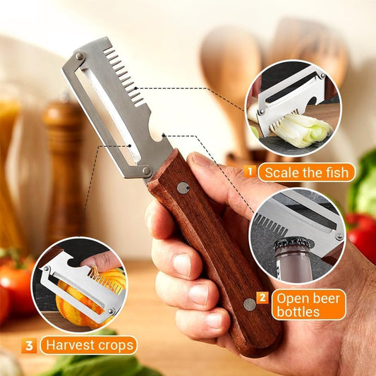 Premium Vegetable Peeler with Wooden Handle and Bottle Opener,Multi-Functional Vegetable Peeler for Kitchen, 3-In-1 Stainless Steel Kitchen Tool, for Fruit Veggie, Includes Bottle Opener (2PCS)