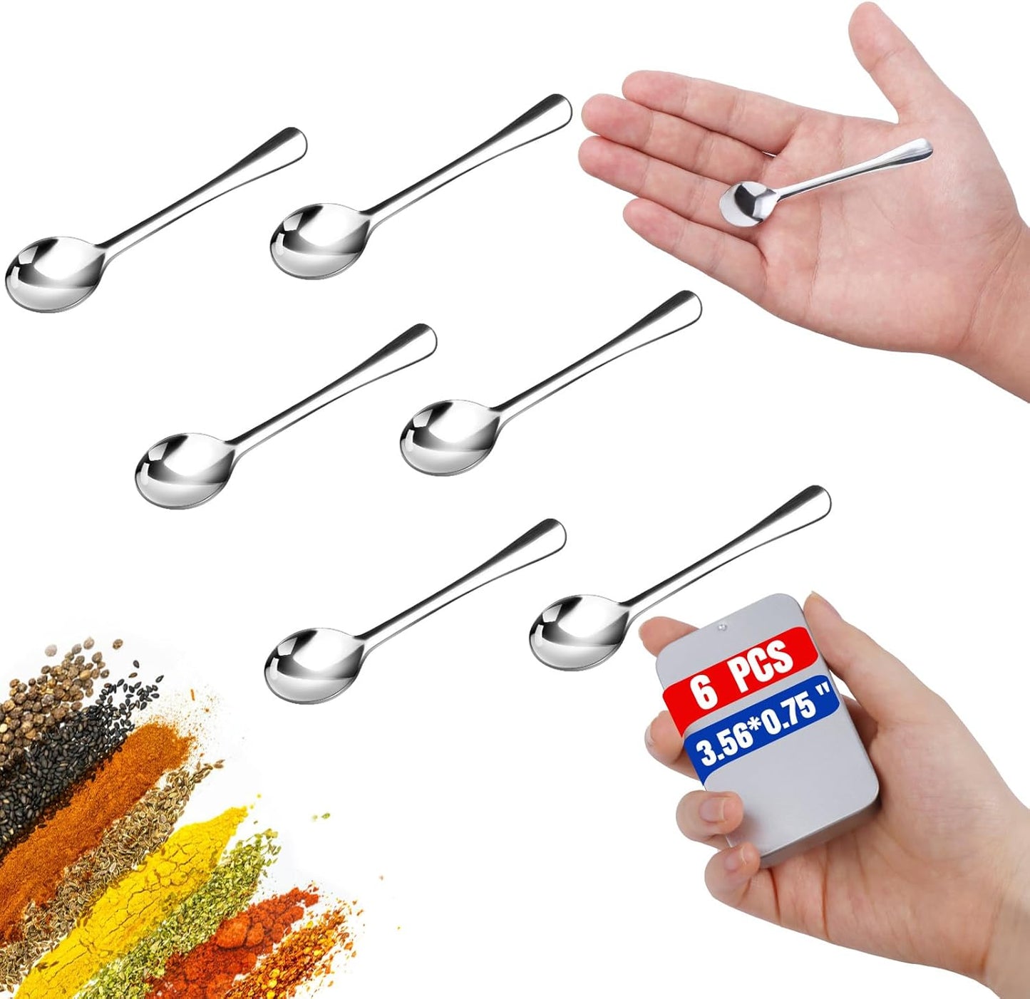 6PCS Tiny Spoons - Mini Stainless Steel Spoons 2.9 inch for Salt Jars Spice Jars, SUS 304 Food Grade Seasoning Spoon for Powder Spices, Pepper, Sugar, Coffee