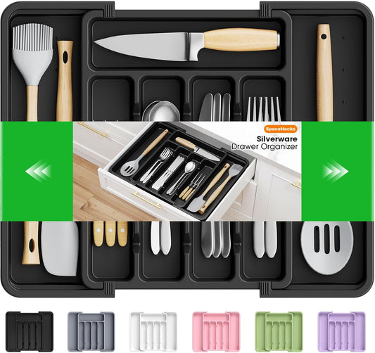 Silverware Organizer，Adjustable & Expandable Drawer Organizer, Black