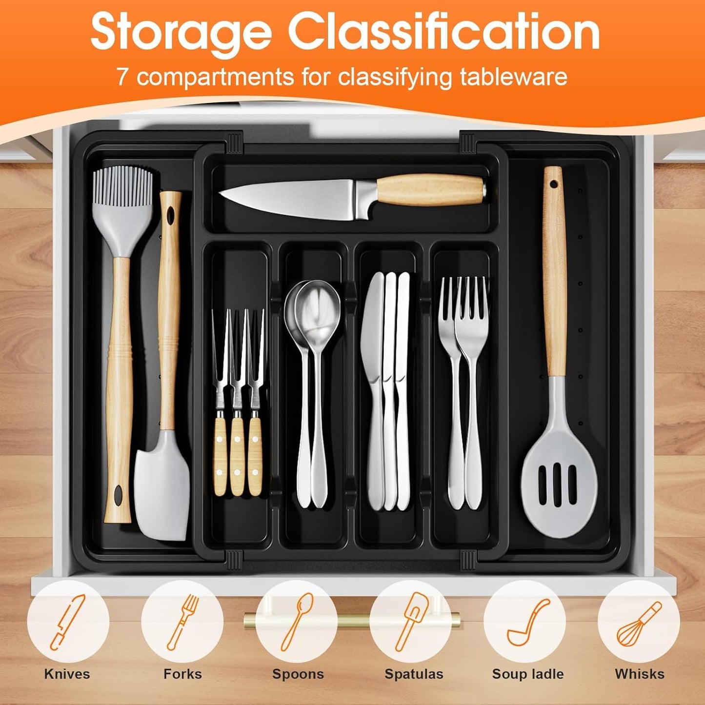 Silverware Organizer，Adjustable & Expandable Drawer Organizer, Black