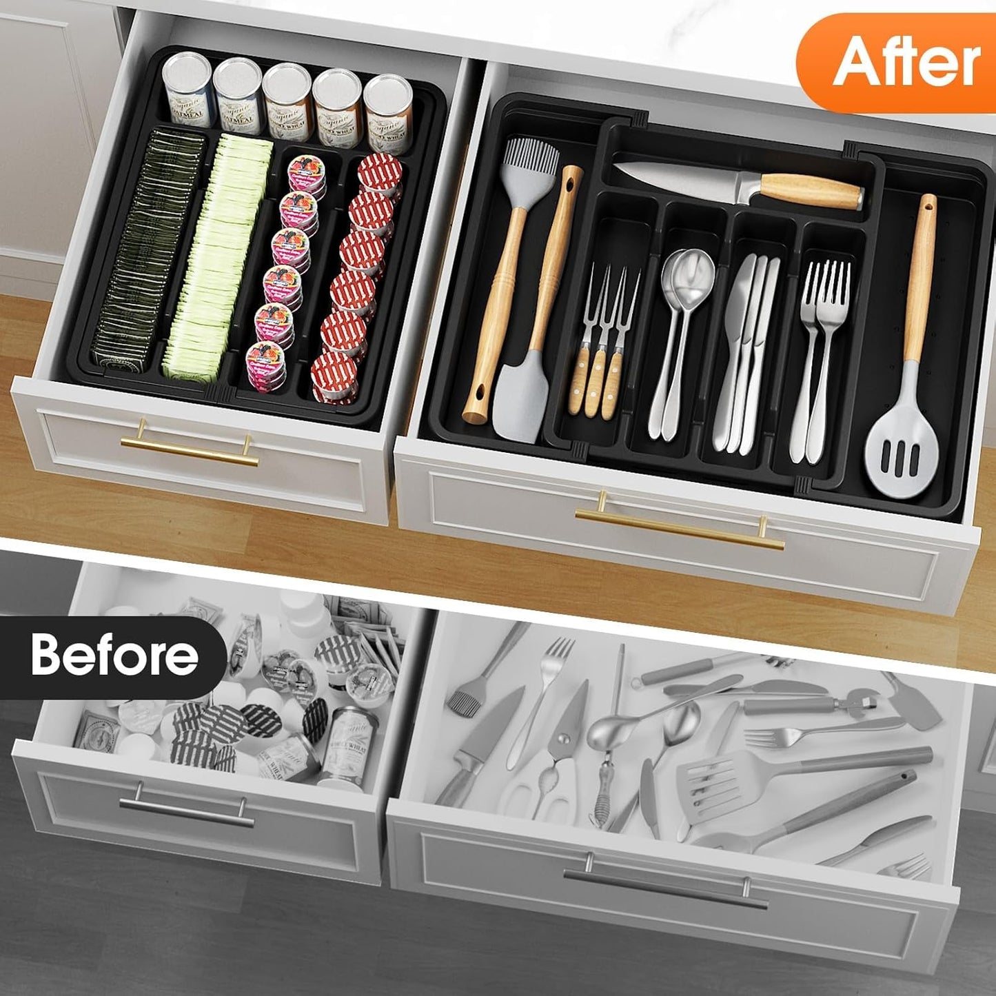 Silverware Organizer，Adjustable & Expandable Drawer Organizer, Black
