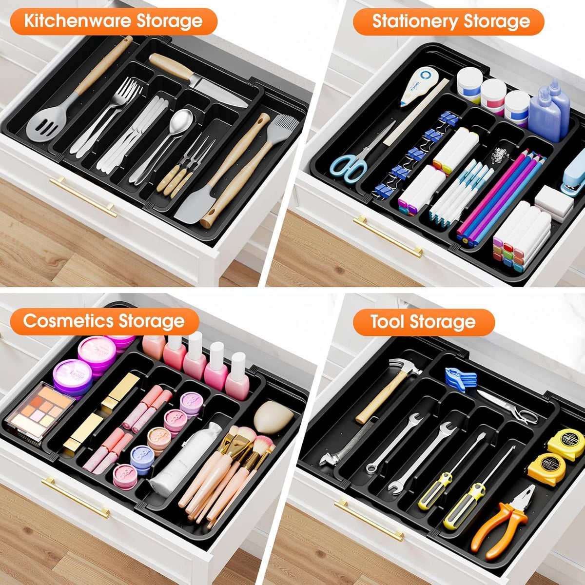 Silverware Organizer，Adjustable & Expandable Drawer Organizer, Black