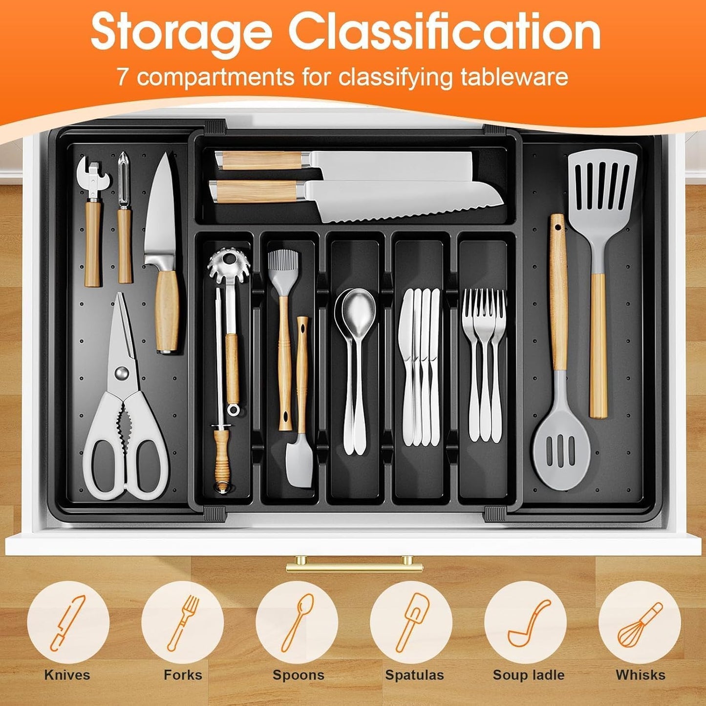 Silverware Organizer，Adjustable & Expandable Drawer Organizer, Black