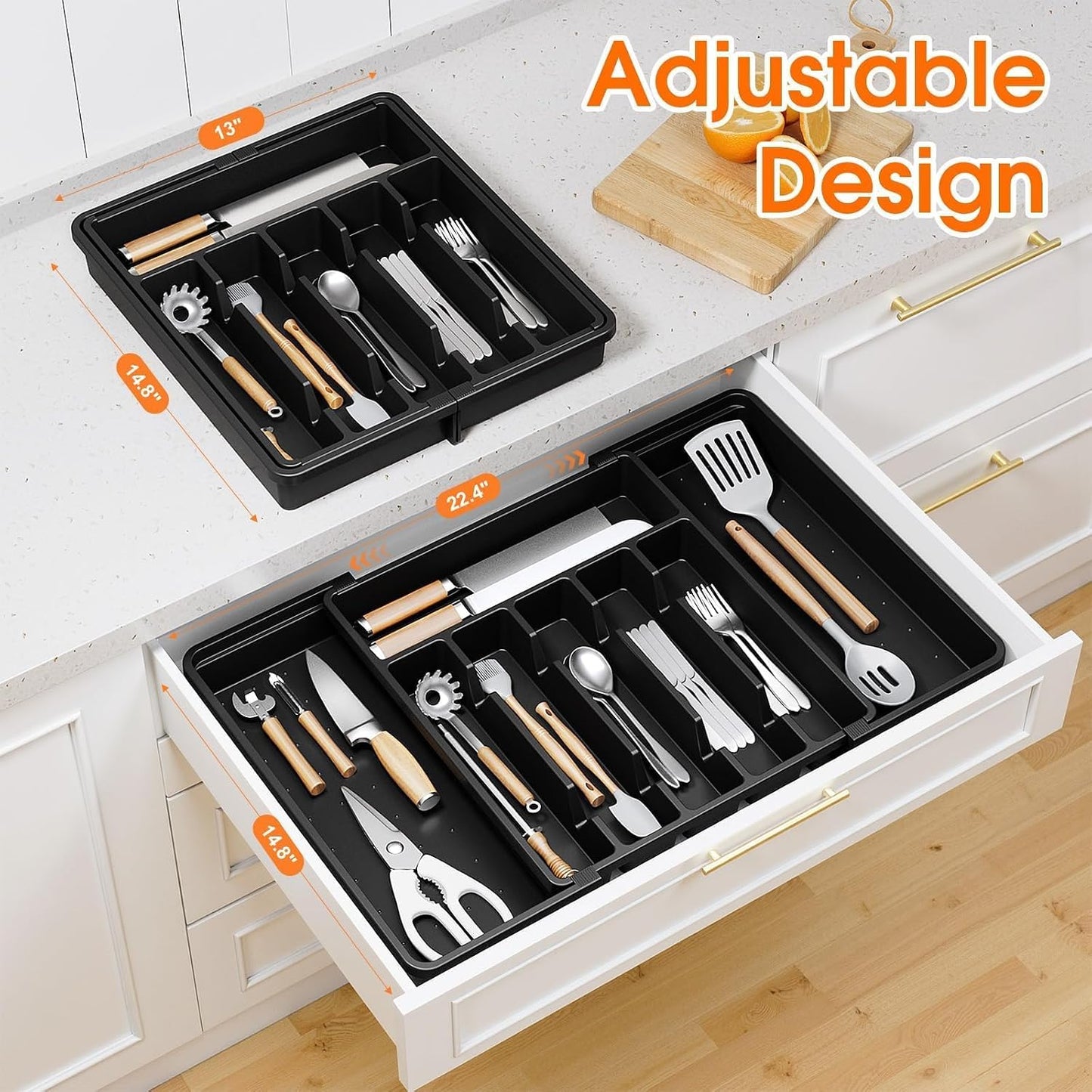 Silverware Organizer，Adjustable & Expandable Drawer Organizer, Black