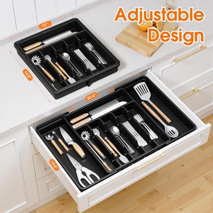 Silverware Organizer，Adjustable & Expandable Drawer Organizer, Black