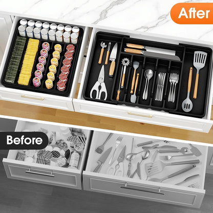 Silverware Organizer，Adjustable & Expandable Drawer Organizer, Black