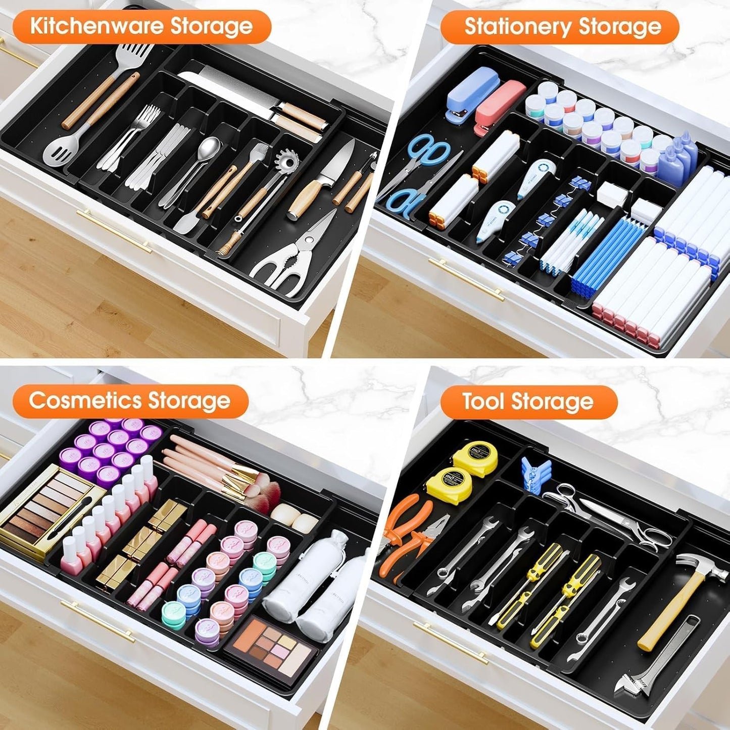 Silverware Organizer，Adjustable & Expandable Drawer Organizer, Black