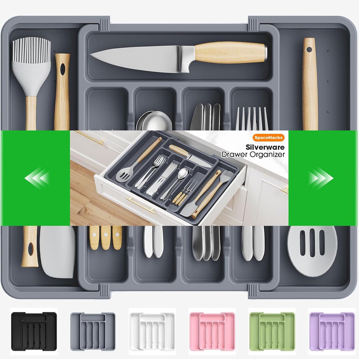 Silverware Organizer，Adjustable & Expandable Drawer Organizer, Black