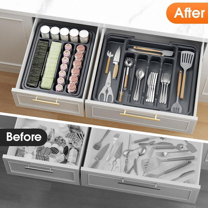 Silverware Organizer，Adjustable & Expandable Drawer Organizer, Black