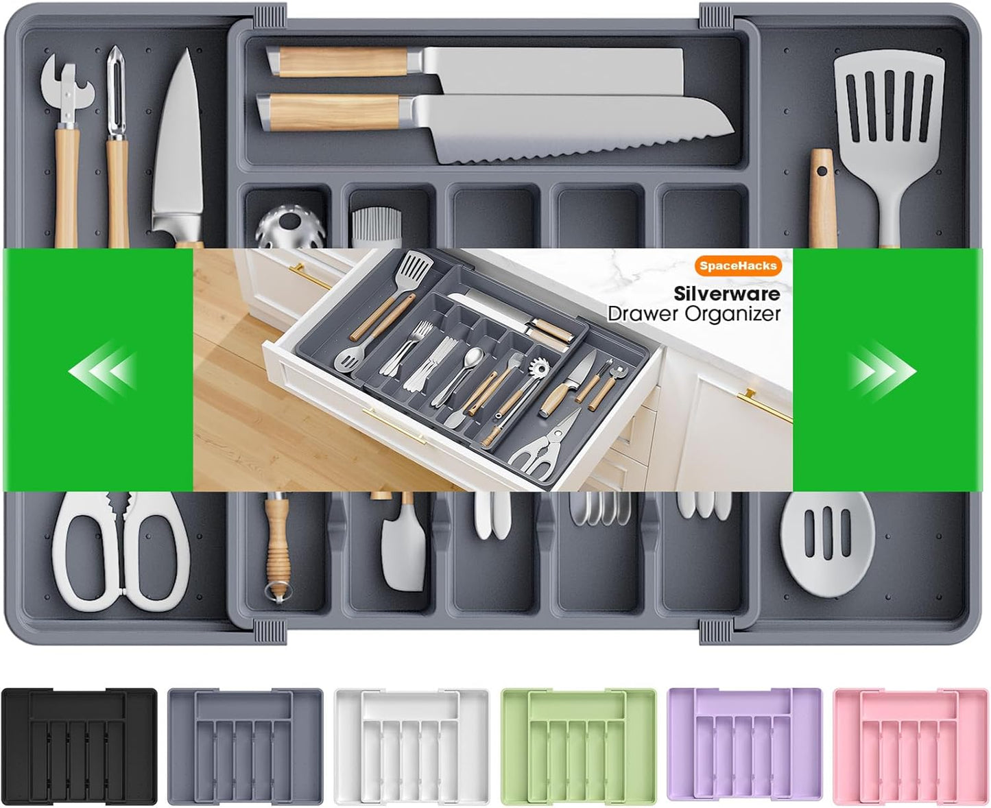 Silverware Organizer，Adjustable & Expandable Drawer Organizer, Black