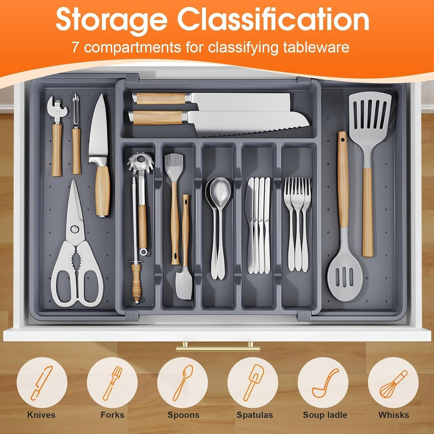 Silverware Organizer，Adjustable & Expandable Drawer Organizer, Black