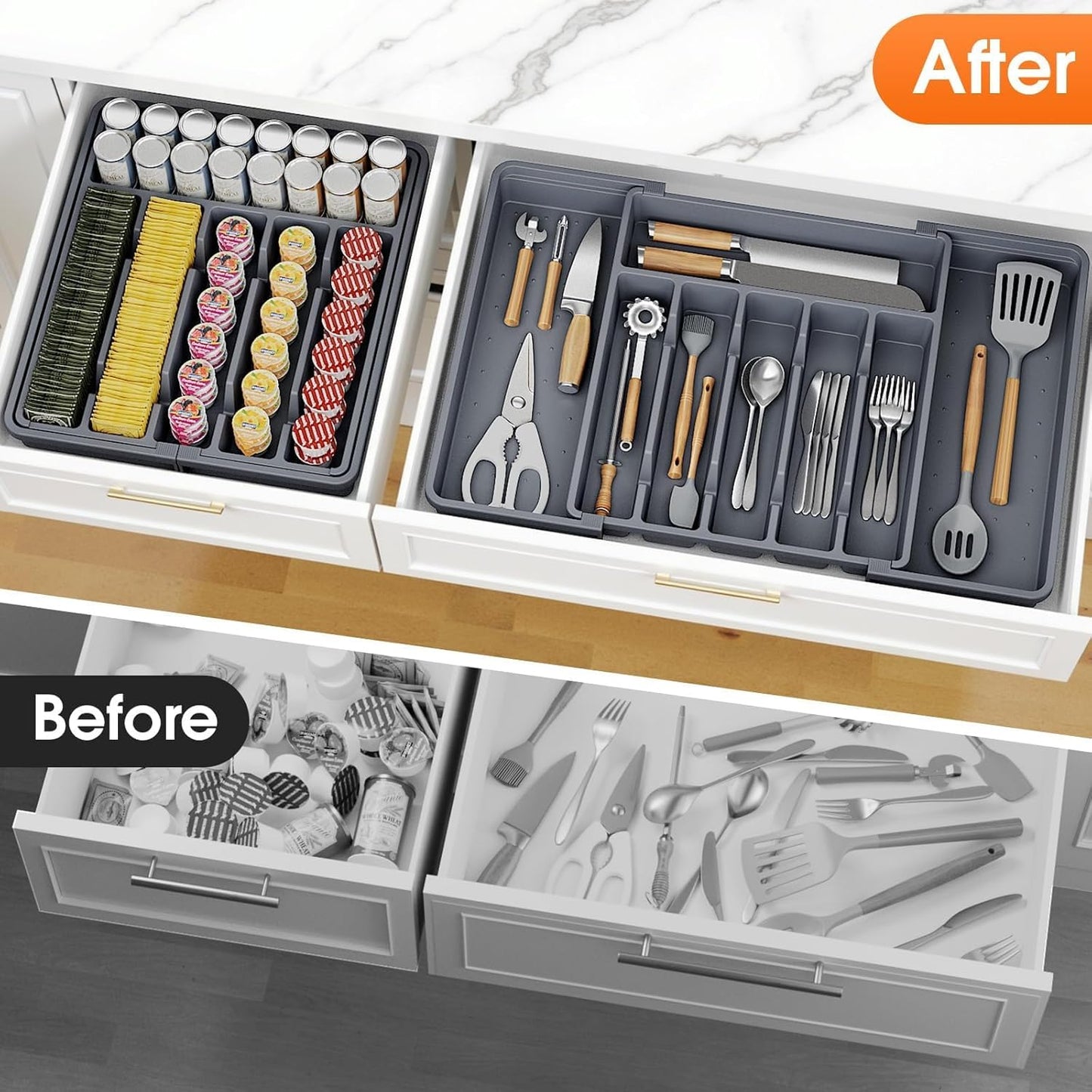 Silverware Organizer，Adjustable & Expandable Drawer Organizer, Black