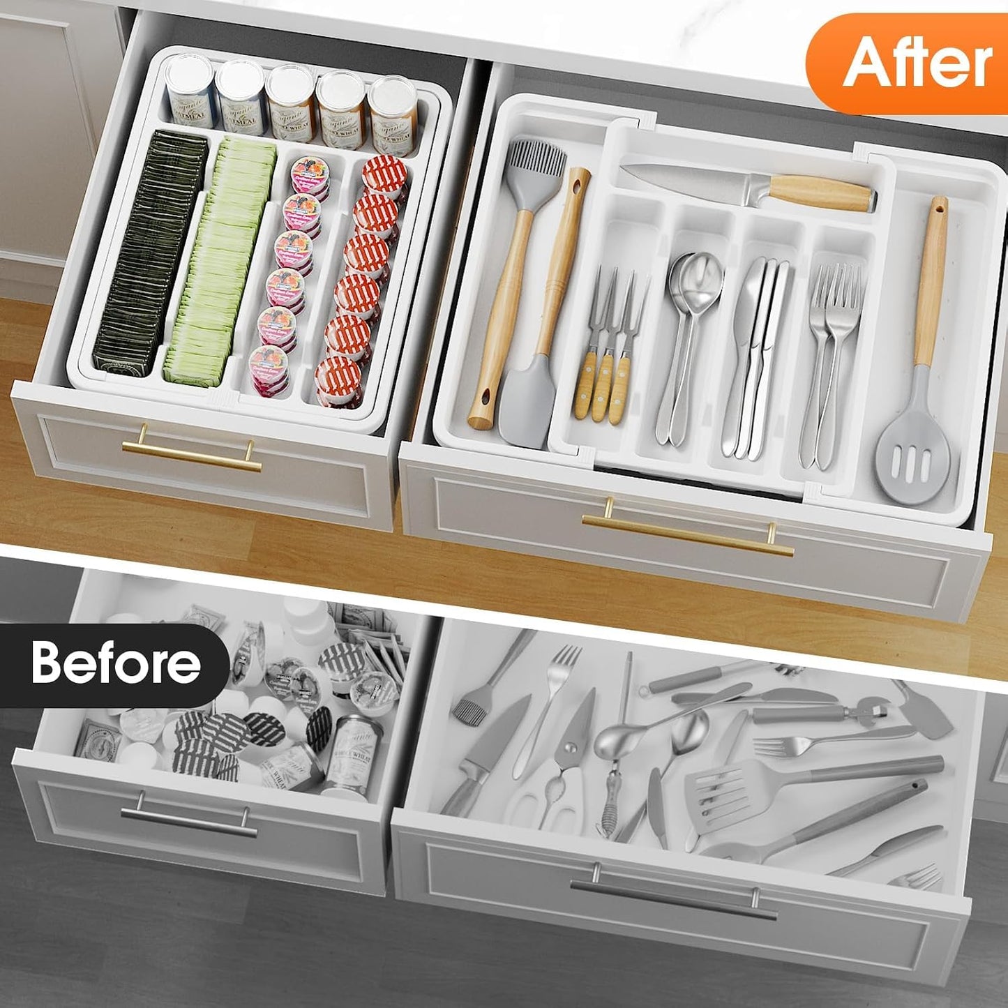 Silverware Organizer，Adjustable & Expandable Drawer Organizer, Black