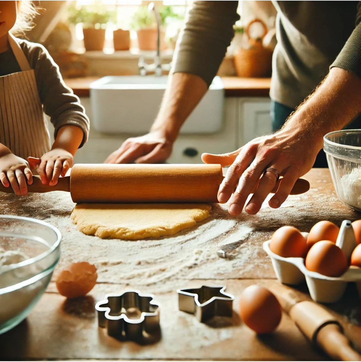 Classic Wooden Rolling Pin for Baking - 17-Inch Natural Beechwood Dough Roller with Easy-Grip Handles - Perfect for Bread, Pizza, Pastries, Cookies - Durable and Lightweight Kitchen Tool