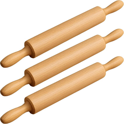 Classic Wooden Rolling Pin for Baking - 17-Inch Natural Beechwood Dough Roller with Easy-Grip Handles - Perfect for Bread, Pizza, Pastries, Cookies - Durable and Lightweight Kitchen Tool