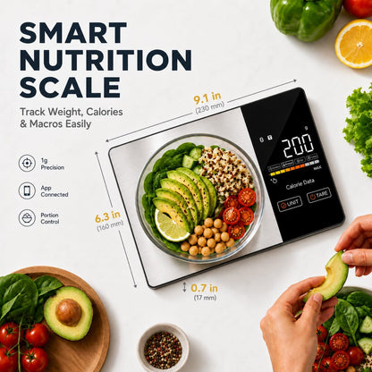 Smart Nutrition Food Scale with App - 1g Precision Digital Kitchen Scale, Tracks Calories & 24 Nutrients, Macros, Fat & Protein for Keto, Fitness & Meal Prep, 11lb/5kg with Tare Function