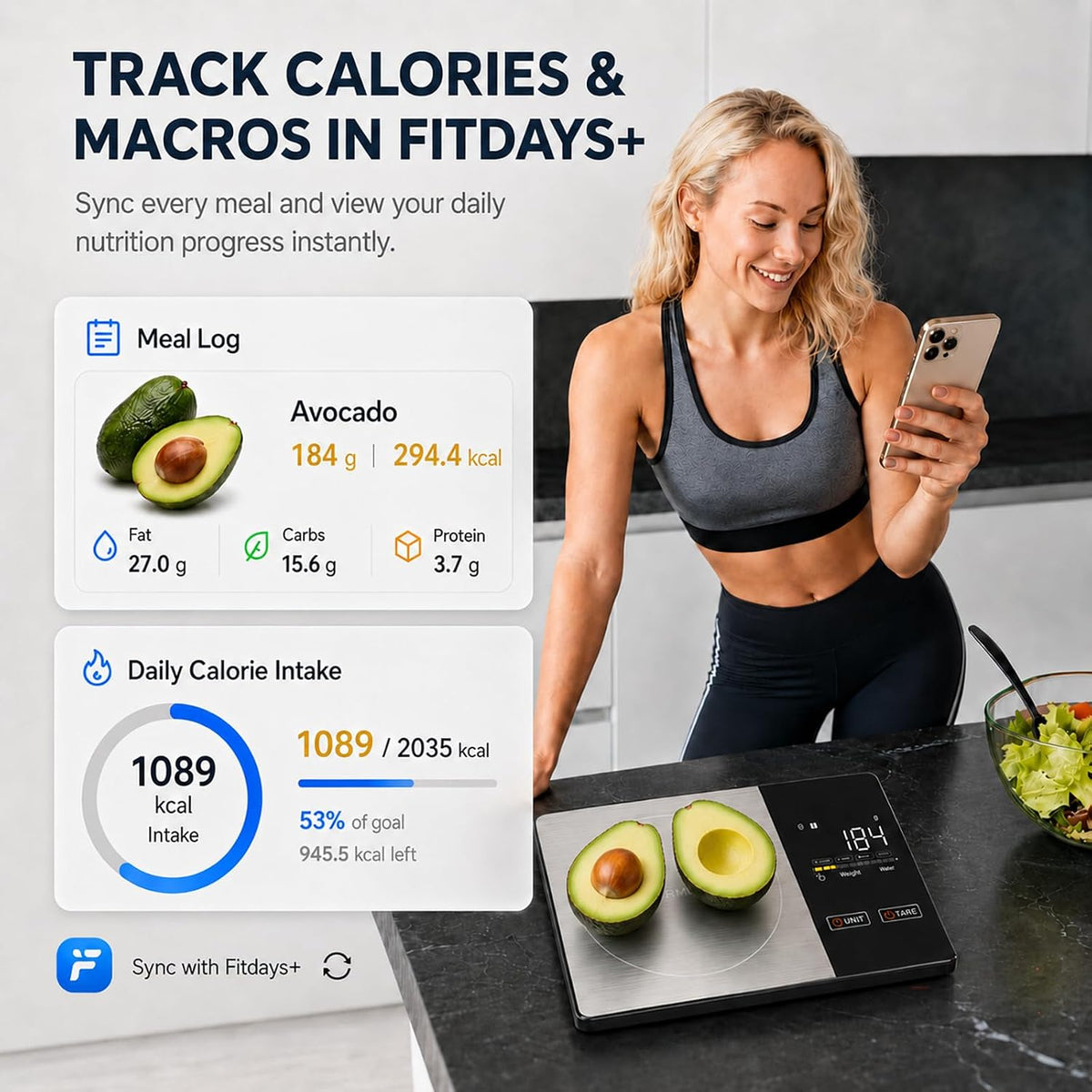 Smart Nutrition Food Scale with App - 1g Precision Digital Kitchen Scale, Tracks Calories & 24 Nutrients, Macros, Fat & Protein for Keto, Fitness & Meal Prep, 11lb/5kg with Tare Function