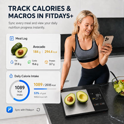 Smart Nutrition Food Scale with App - 1g Precision Digital Kitchen Scale, Tracks Calories & 24 Nutrients, Macros, Fat & Protein for Keto, Fitness & Meal Prep, 11lb/5kg with Tare Function