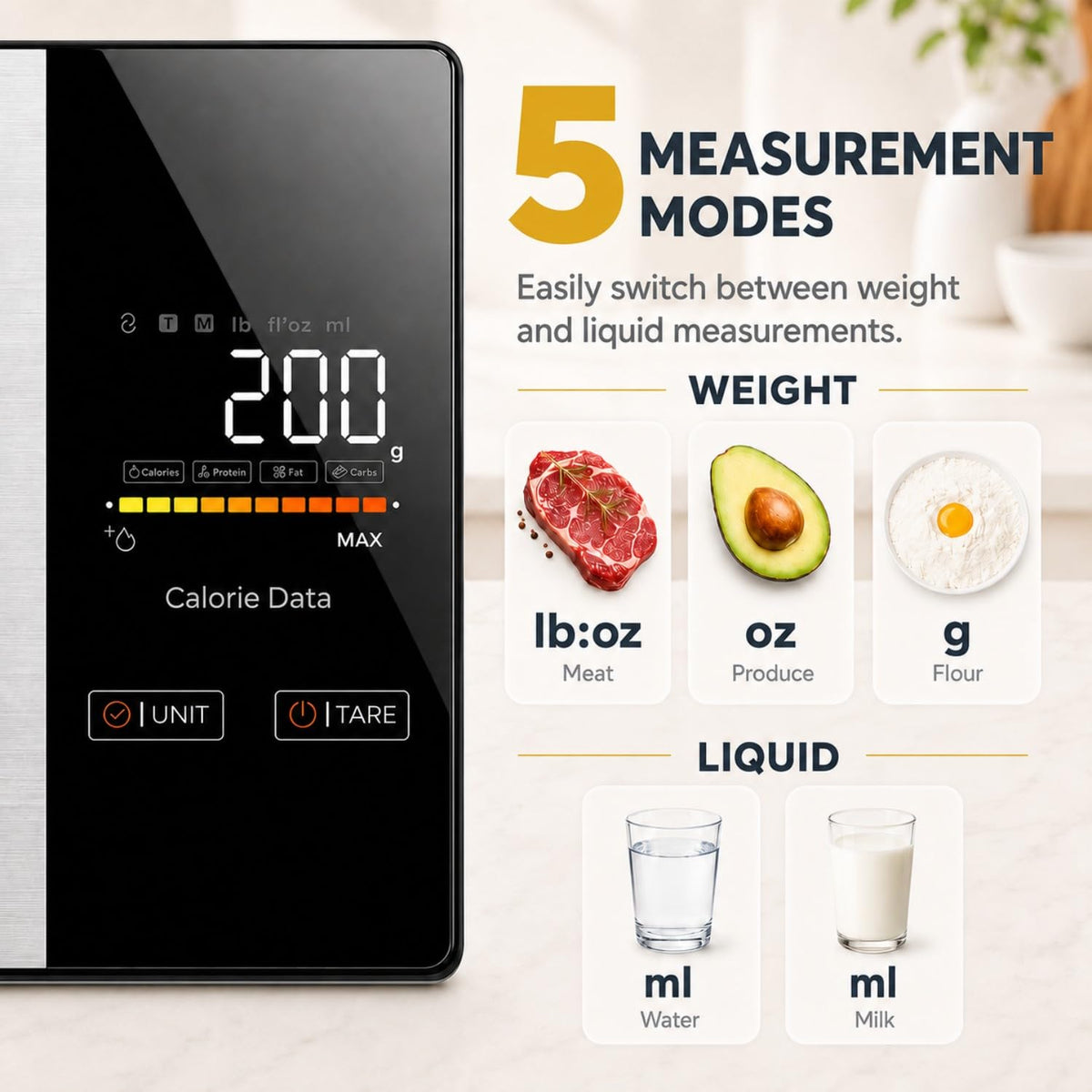 Smart Nutrition Food Scale with App - 1g Precision Digital Kitchen Scale, Tracks Calories & 24 Nutrients, Macros, Fat & Protein for Keto, Fitness & Meal Prep, 11lb/5kg with Tare Function