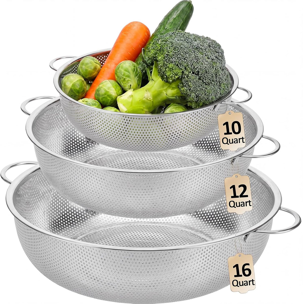 3 Pcs 10/12/16 Quart Stainless Steel Colander Set for Kitchen Micro Perforated Exlarge Metal Pasta Strainer with Handles Metal Mesh Strainer Net Basket Self Draining Solid Base for Pasta