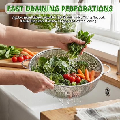 3 Pcs 10/12/16 Quart Stainless Steel Colander Set for Kitchen Micro Perforated Exlarge Metal Pasta Strainer with Handles Metal Mesh Strainer Net Basket Self Draining Solid Base for Pasta